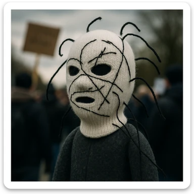 The mask is a full-head, white knitted balaclava with a tight ribbed texture. It features two asymmetrical eye openings and a partially exposed mouth area. Black thread is stitched across the surface in chaotic, abstract lines that trace facial features, giving a hand-drawn effect. Several black cords extend outward from the mask, varying in length and direction, adding a sculptural, almost organic appearance. The overall look is bold, handcrafted, and visually striking. sticker