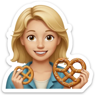 Woman with Dirty blond hair, fair skin with freckles,  holding pretzels and winking one eye sticker
