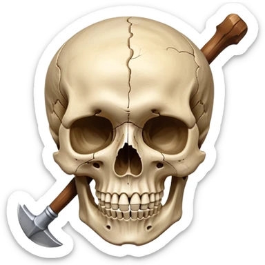 An icon featuring a human skull and fossilized bones, symbolizing the study of anthropology. The design includes archaeological tools like a pickaxe and brush, with a background of ancient artifacts and a globe. Transparent background emphasizes the exploration of human history and evolution. sticker