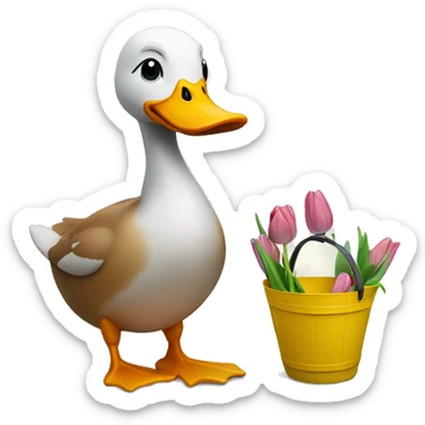 Duck is holding tulip bucket sticker