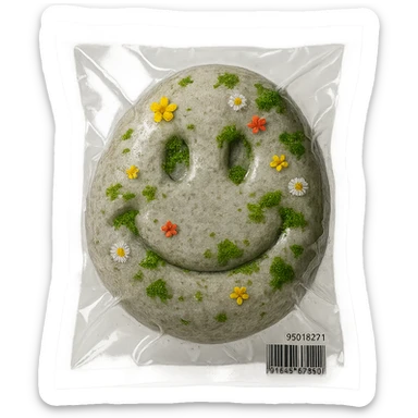 large light gray stone with scattered small colorful flowers and patches of green moss, glossy and puffy sticker