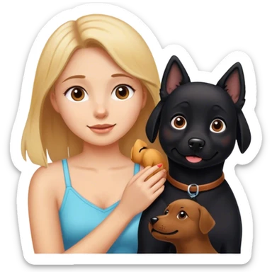 A girl playing with her tan dog and black dog sticker