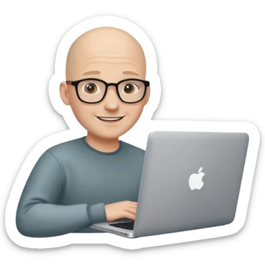 bald young programmer with MacBook without wrinkle on head sticker