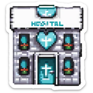 tiny simple hospital building icon with medical cross, modern colors, minimal details, small size sticker