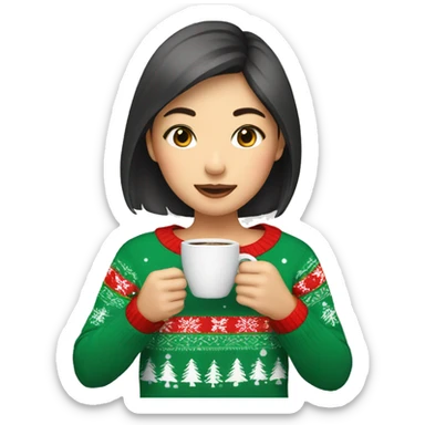 asian girl drinking coffee wearing Christmas sweater sticker