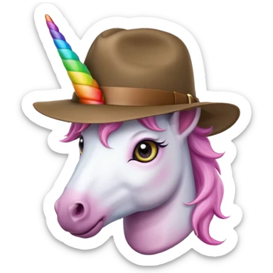 unicorn face cute wearing fedora, horn piercing through the hat looking in the camera sticker