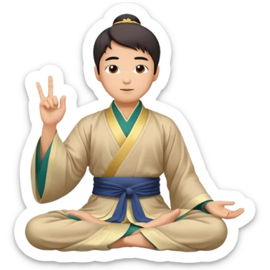 asian man in hanfu closing sitting in lotus pose, pointing one finger to sky as wisdom gesture sticker