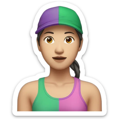asian woman, green cap backwards, pink and purple singlet sticker