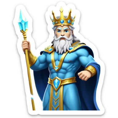 Create a 3D color illustration of a Zeus-themed King emote with the name 'Movado' written on it, featuring regal elements like a crown, majestic robes, and thunderbolts. The emote should have a powerful, divine look with Zeus’ signature lightning bolt incorporated. The name 'Movado' should be displayed prominently, possibly as part of the crown or in elegant lettering across the emote.  sticker