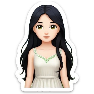 crea un chica blanca con cabello negro largo bonita vestida de blanco conectando con la naturaleza  sticker