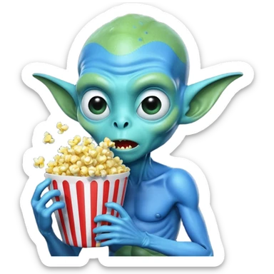 blue alien eating popcorn sticker