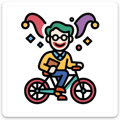 A teacher riding a bike with a joker-like aura sticker