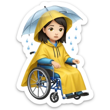 Girl with dark hair  in a wheelchair with rain poncho sad with raining  sticker