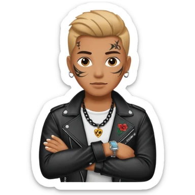 a rockstar wearing necklace, leather jacket, having tattoo sticker