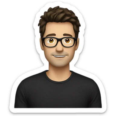 a slim white man with messy short dark brown hair, with a black t-shirt, black rectangular glasses sticker
