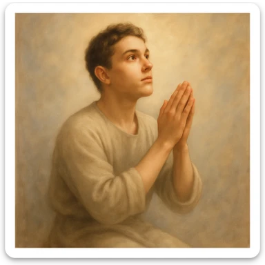 Remove the beard and make the man look 20 years old, keep the praying pose and peaceful expression, maintain the original style and appearance. sticker