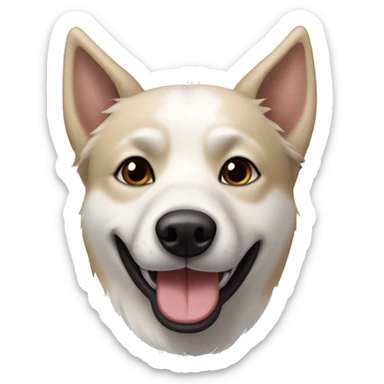 white husky-lab mix dog with completely black and tan and brown fur around his eyes and black/tan ears smiling with tongue out sticker