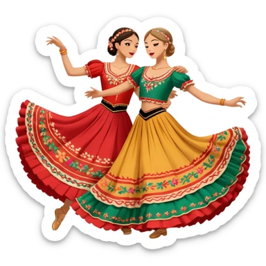 Cinematic Realistic scene of two dancers performing the Tarantella, dressed in vibrant, flowing traditional costumes with detailed embroidery and dynamic skirts, captured in festive motion with warm, lively lighting sticker