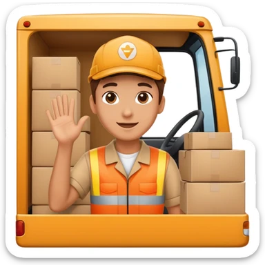 truck with a supplier in work uniform sitting inside, waving hi, lots of packages in the truck sticker