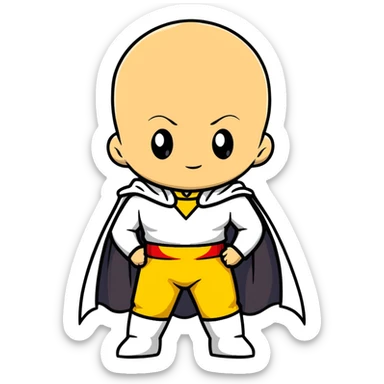 super cute chibi Saitama from One Punch Man with bald head, yellow jumpsuit, white cape and innocent face sticker