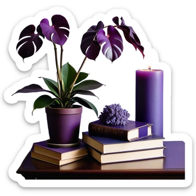 An elegant still life composition featuring a carefully arranged stack of books in shades of light and dark violet, their covers slightly worn, hinting at wisdom and time. A gracefully potted monstera plant with lavender-colored leaves extends its delicate, sculptural foliage, casting soft shadows. A glass candle holder in a rich purple orchid hue sits nearby, its surface reflecting ambient light. To complete the scene, a silky mauve ribbon drapes over the books, and a subtle lilac-hued ceramic vase holds a single dried flower, enhancing the refined and serene atmosphere. sticker