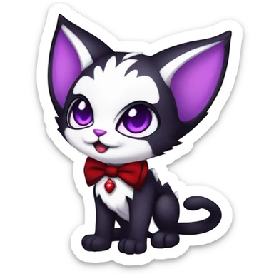 Cute-Evil-Vampiric-Batty-Cat-Black-Purple-Red-White-Contrast-Colors-Fantasy-Fur-Sona-Chibi-Shiny-Fakémon-Hybrid with horns and big fangs neck bow white tie leg spats full body sticker