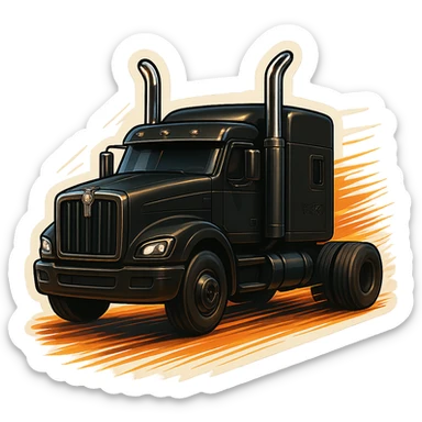 Black Kenworth W680 cartoon truck rolling down the road with motion lines and a fun, dynamic feel, keeping chrome stacks shiny and detailed. sticker