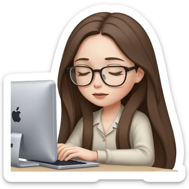 pale brunette girl in glasses with long hair works on computer eyes closed sticker