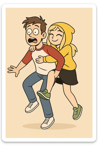 A man Raglan sleeves with Red t-shirts blue jeans white shoes carried by a cute a girl yellow hoodie black skirt green shoe  sticker