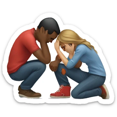 A man kneeling and crying while trying to repair his girlfriend's broken heart. The heart should be depicted as a broken emoji heart, emphasizing the emotional scene. sticker