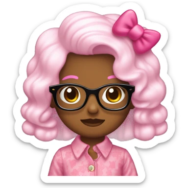 Pelo largo y ondulado,con fleco que tapa as o meno la cara,con lentes rosas y blusa de hello kitty  sticker