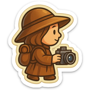 A small, funny medieval pilgrim with a camera, seen from the side (profile view), in retro stickers style, with a transparent background. sticker