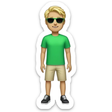 Guy with blond hair green t shirt sunglasses black short and white and blue shoes sticker