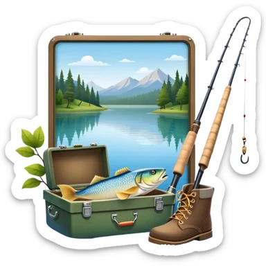 Icon for Fishing Travel: a fishing rod, tackle box, boots, and a boat by a serene lake, with fish jumping out of the water and surrounded by lush nature. The icon should capture the peaceful and adventurous spirit of fishing trips. Transparent background. sticker