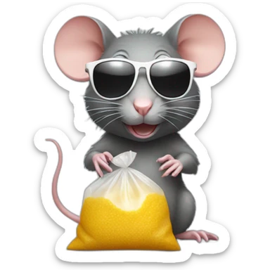 Rat wearing sunglasses with a small plastic bag of sugar sticker