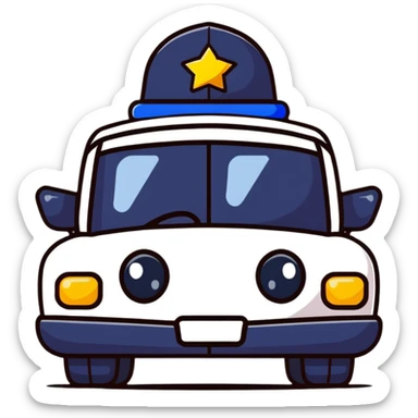 A cartoon police car character with a cute face, flashing lights and a small badge sticker