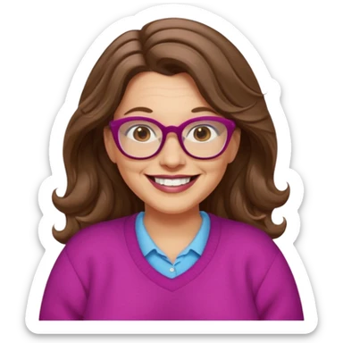 50 yr Caucasian woman, long brown hair parted on side, brown eyes, brown glasses, big smile, white teeth, fuscia sweater, chubby, wavy hair sticker