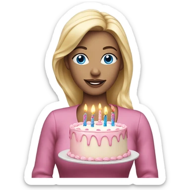 Blonde woman with blue eyes holding a pink birthday cake  sticker