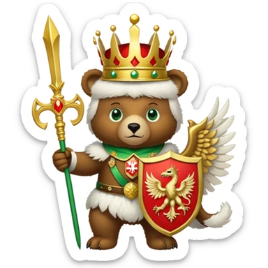 Endearing brown bear with bright green eyes, white fur hat with detailed Russian emblem: golden double-headed eagle with crowns, scepter, orb, and red shield with St. George slaying dragon, iOS emoji style sticker