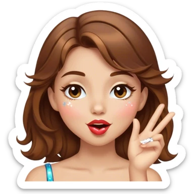 Girl with brown hair blowing a kiss with sparkles and winking sticker