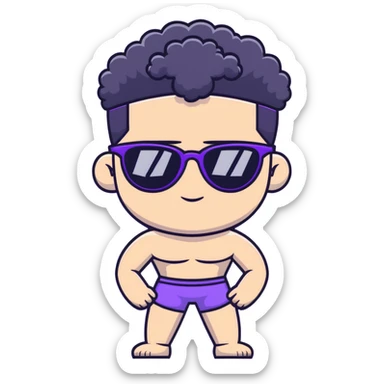 shirtless male athlete with white skin and moderately curly black hair on top with shaved sides, wearing purple sunglasses with black tinted lenses sticker