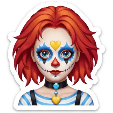 wendy thomas  the clown from gta rp nopixel she has a blue sun covering right eye with three yellow lines below her right eye and above her left eye this is her clown makeup . she has long bright red hair and light blue eyes with ablack heart choker and black bunny ears. with a skeleton shirt sticker