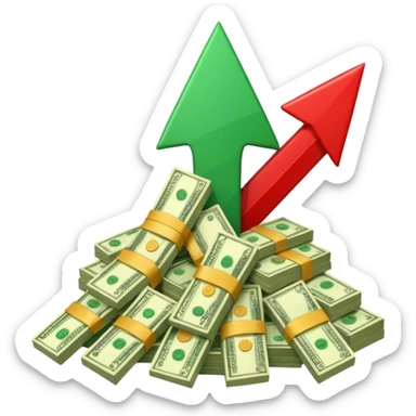 a pile of money with red arrow up sticker