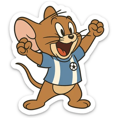Jerry from Tom & Jerry, wearing a tiny soccer jersey, cheering. sticker