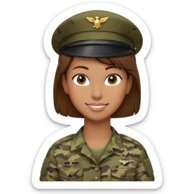 Apple-style emoji: female soldier, bust, no cap/helmet, friendly smile, generic camo top,  sticker
