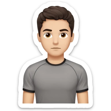 He’s a man with light to medium skin, a defined oval face, full brows, deep-set eyes, and wavy short dark brown tall hair styled with height, sides are trimmed. expression calm and focused relaxed gym training shirt. polished, articulate, and coach vibe. personal development sticker