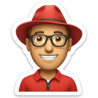 European guy with a hat, a red polo and glasses sticker