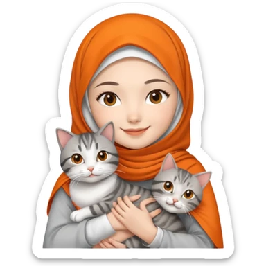 Asian White girl wearing orange hijab and white dress holding a black grey tabby cat while smiling.  sticker