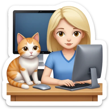 A girl is working in front of a computer, and a cat is lying next to the computer sticker