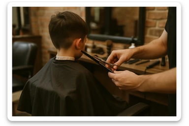 Sartaroshxonada soch olayotgan o'mirin yoshli bola yuzi ko'rinmasin sticker